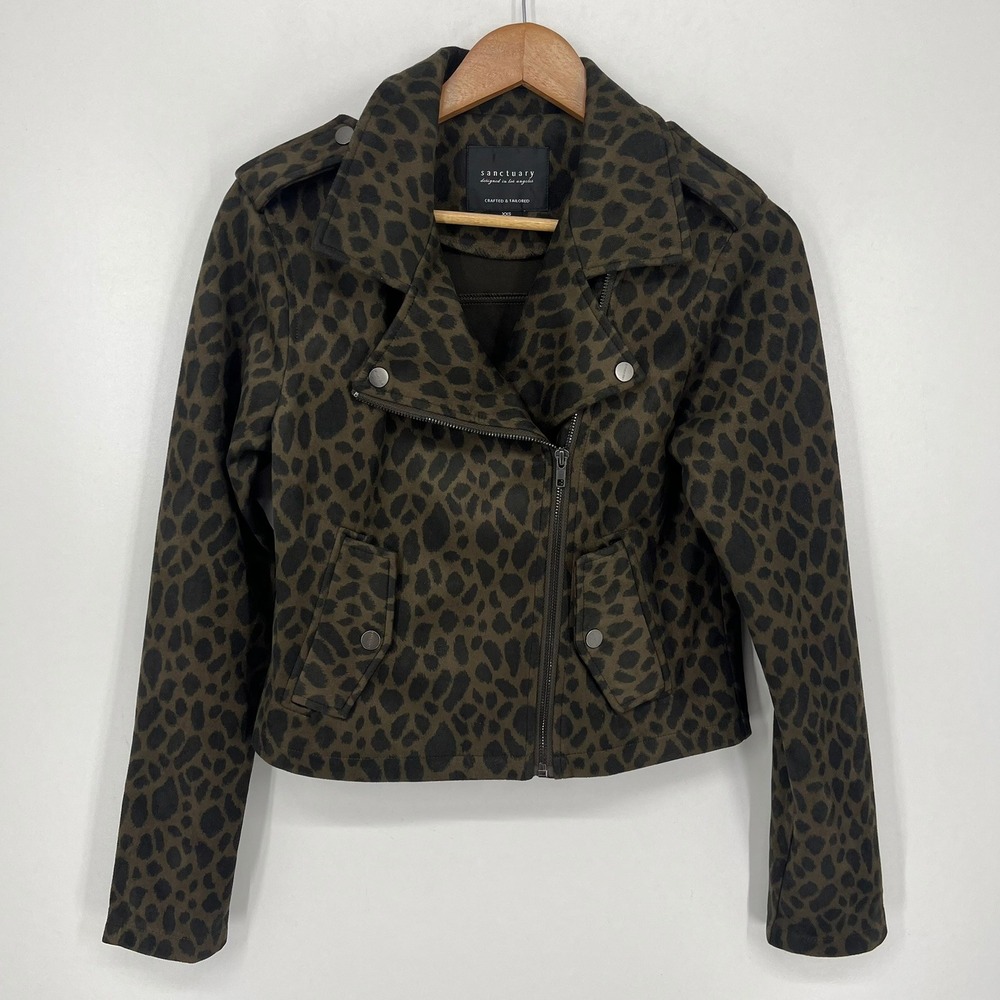 Sanctuary Womens Leopard Print Moto Jacket Olive Black Size 2XS XXS